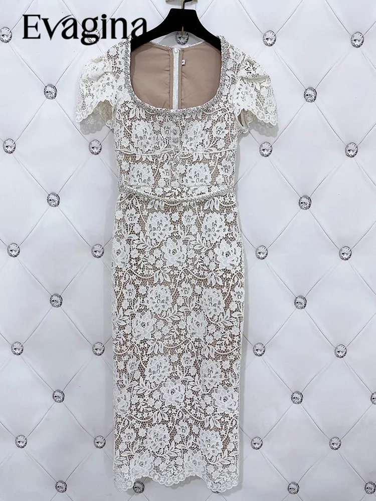 Evagina Summer Polyester Temperament Elegant Diamond-Trimmed Lace Short-Sleeved High-Waisted White Dress With Hip Wrap