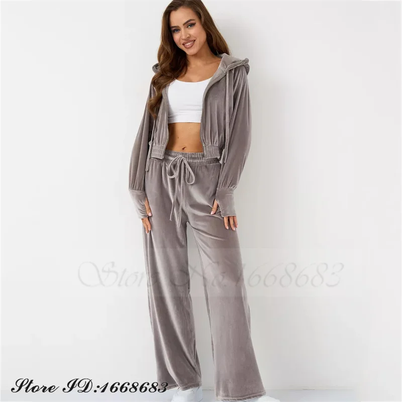 Autumn Winter Velvet Women 2PCS Pajamas Set Loungewear Fashion Casual Pijamas Trouser Suits Zipper Open Velour Hooded Homewear