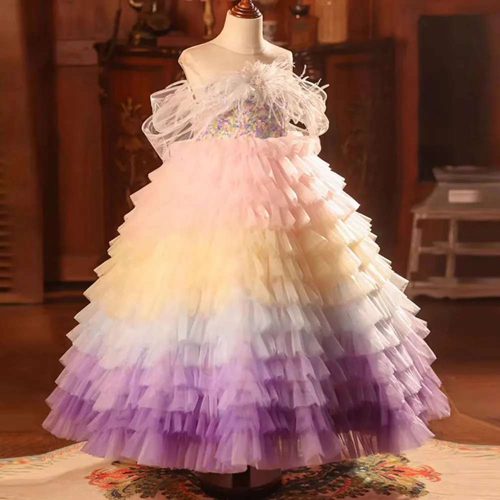 Jill Wish Luxury Arabic Colorful Dubai Girl Dress Feathers Baby Children Clothes for Wedding Birthday Holiday Party 2024 J212