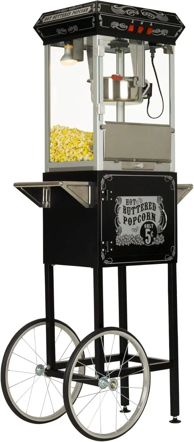 Funtime Sideshow  8-Ounce Hot Oil Popcorn Machine with Cart, Black/Silver