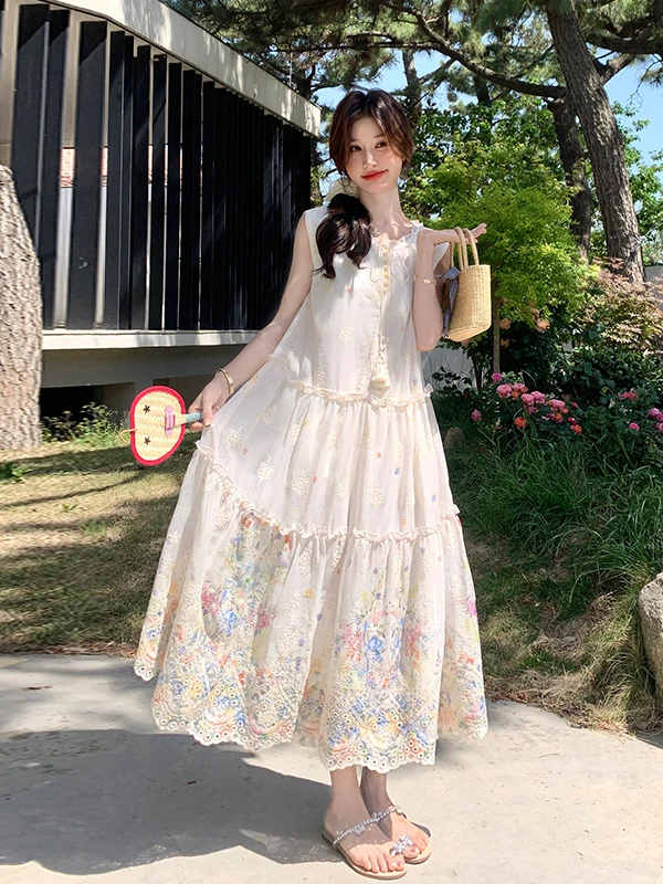 Sweet Floral Print Long Dr Women's Summer 2025 New Sle High Waist A-Line Skirt without Sve round Ne Gored Skirt