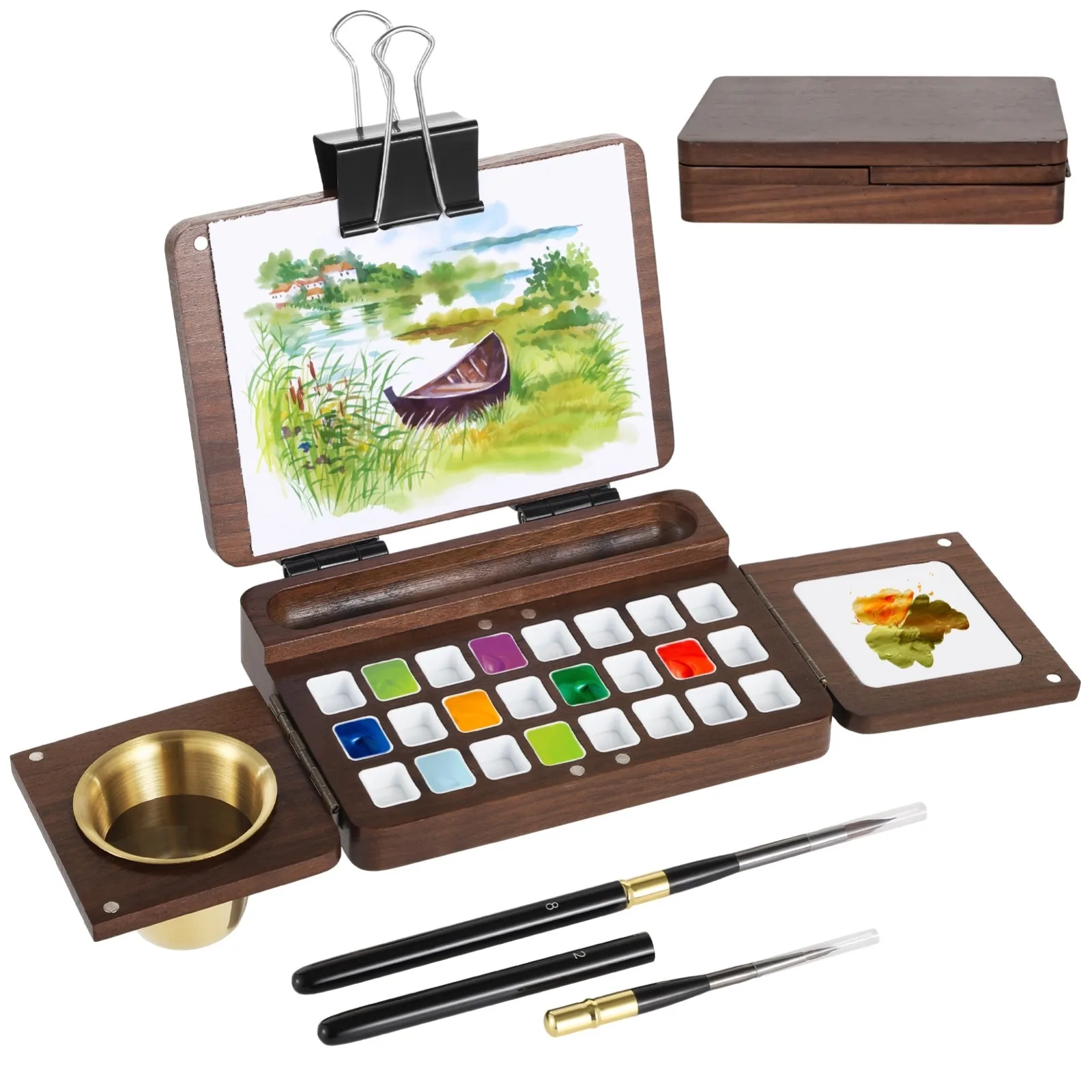 24 Grids Wooden Watercolor Palette Walnut Travel Watercolor Palette Foldable Empty Palette Box Paint Tray With 2 Paintbrushes