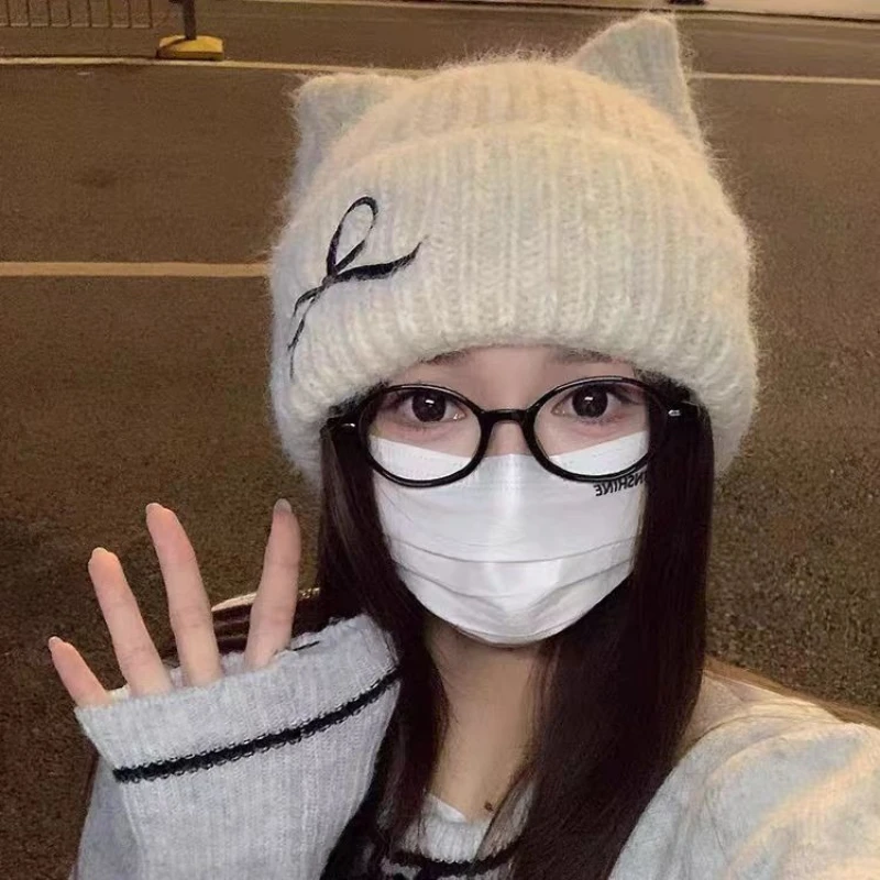 Women Cute Cat Ears Hats Autumn Winter Knitted Warm Hats Winter Thicken Embroidered Bow Ear Protection Windproof Woolen Hats Cap