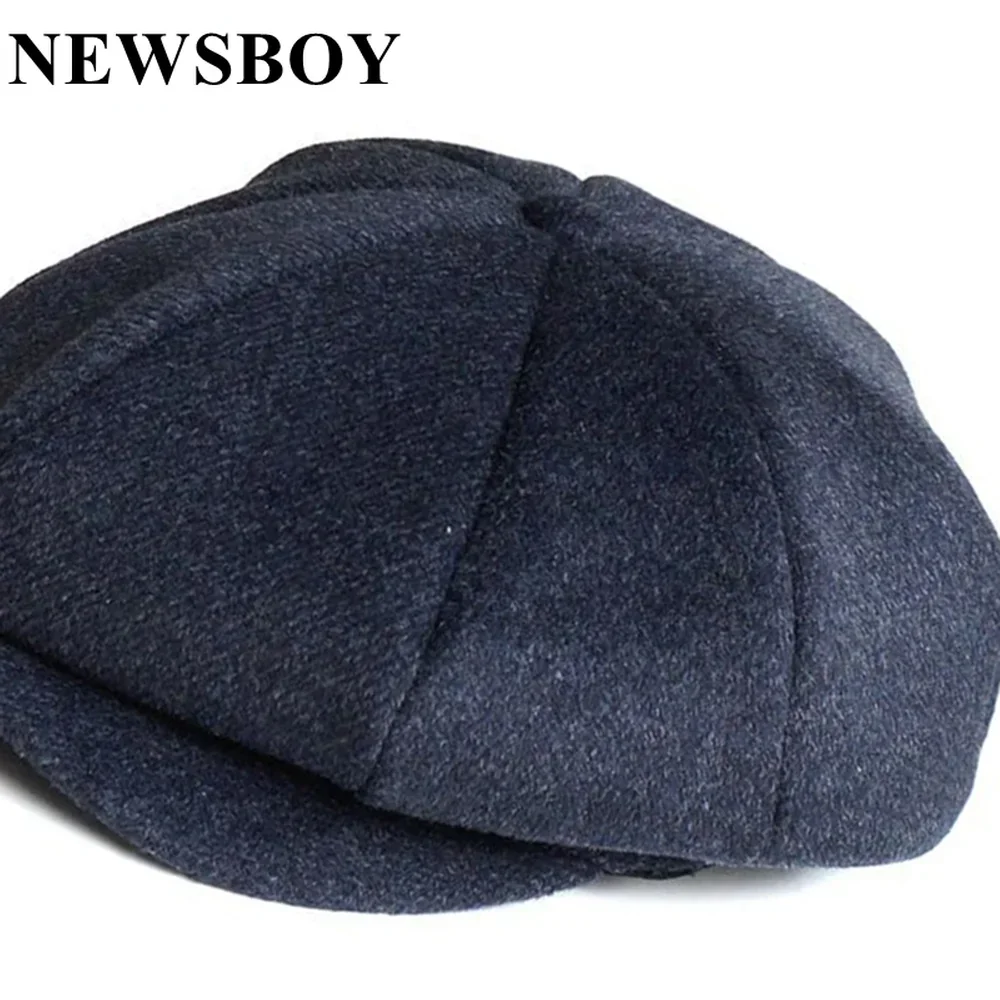 NEWSBOY Cap Man Autumn Winter Wool Newsboy Cap Herringbone Gray Navy Octagonal Hats for Men Tweed Thick Warm Vintage Flat Caps