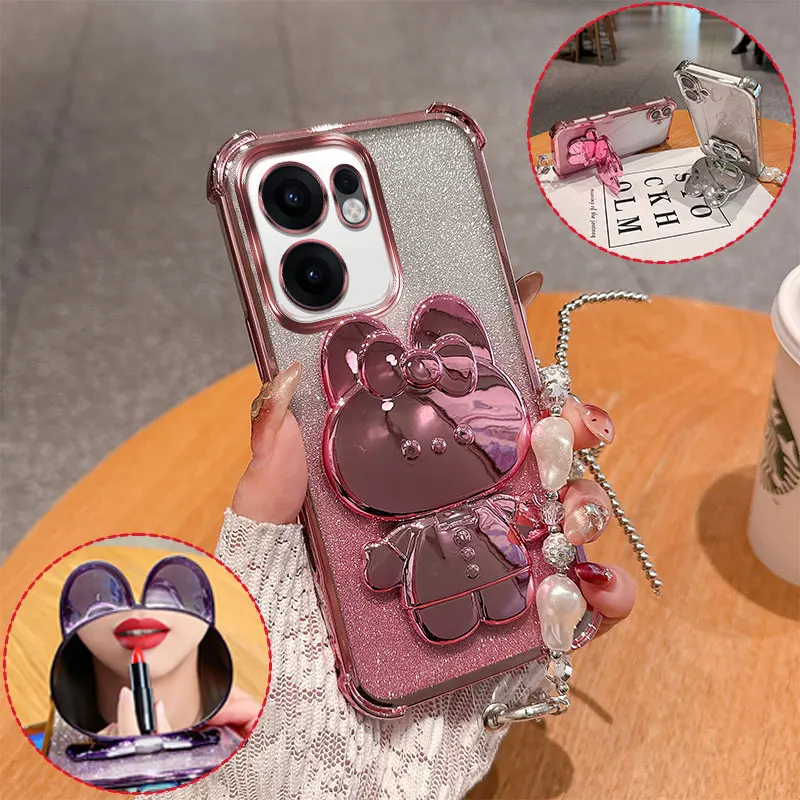 Modische Niedliche 3D Hasen-Spiegel-Ständer Handyhülle für Oppo Reno13 F Reno 13FS 4G 5G Glitzer Sturzsichere Hülle mit Perlenkette Mädchenhaft