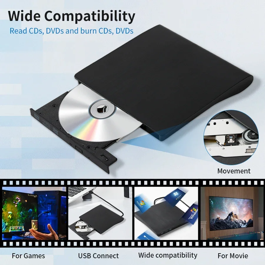 External CD DVD Drive USB 3.0 Portable Fits for DVD-R DVD-RW Player Burner for PC Laptop Computer Windows 10/8/7