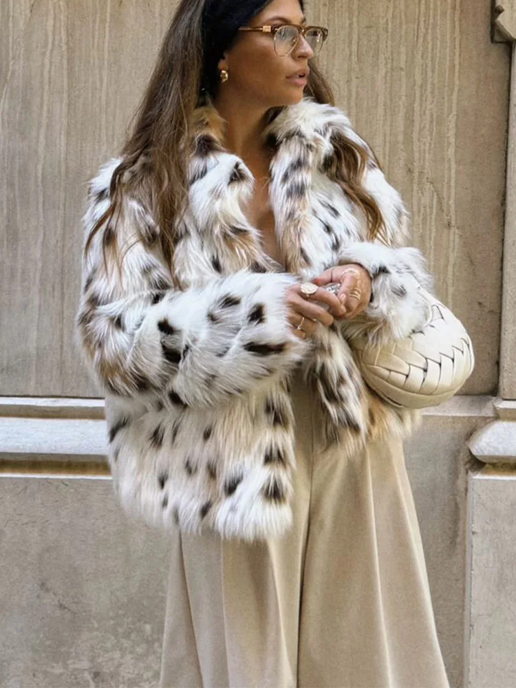 

HH 2024 Women Faux Fur Cropped Coat Fashion Female Loose Thicken Long Sleeves Print Plush Jacket Lady Winter Outerwear