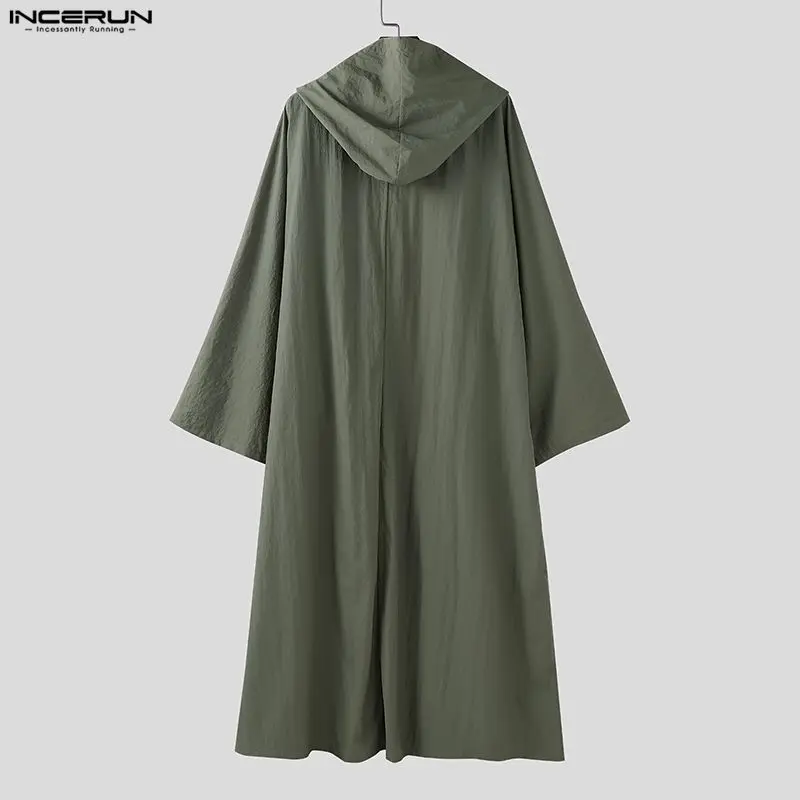 INCERUN, gabardina de estilo largo para hombre, abrigos informales de manga larga con capucha lisa, cazadora de moda de punto abierto de gran tamaño para hombre, ropa de calle