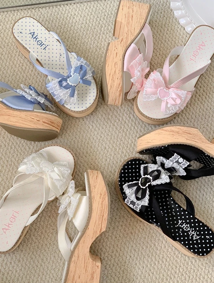 Sweet Lolita Cos Slippers New Summer Girls' Cute Bow Lace Lolita Thick Soled Shoes Women's Sweet Elegant Clogs Shoes for Women