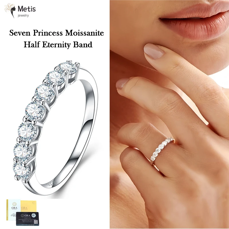 

S925 Sterling Silver Channel/Prong Set Moissanite Half Eternity Ring 0.7cttw/1.12cttw D Color Stackable Wedding Band for Women