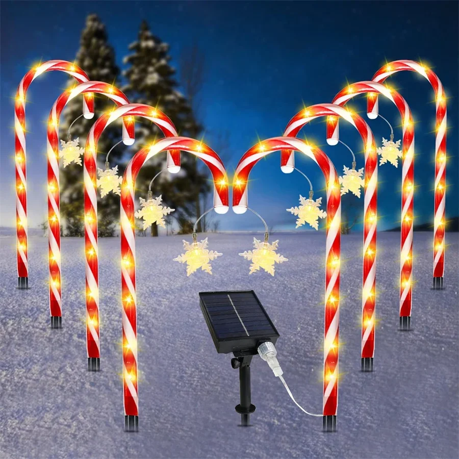 Luces LED solares de bastón de caramelo para Navidad, copos de nieve de estrella, Papá Noel, luz de hadas impermeable, iluminación de vacaciones, 5 en 1, 2 juegos