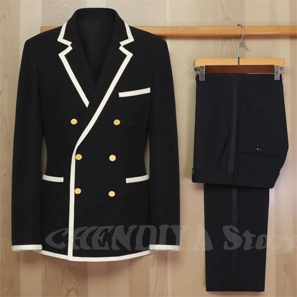 

Деловые повседневные мужские костюмы из двух предметов с белой каймой, двубортный мужской комплект для торжественных случаев, вечеринок (пиджак + брюки)