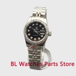 BLIGER 26mm Women Mechanical Watch Japan NH05A Movement Sapphire Crystal Silver Case Stainless Steel Fluted Bezel Jubilee Strap