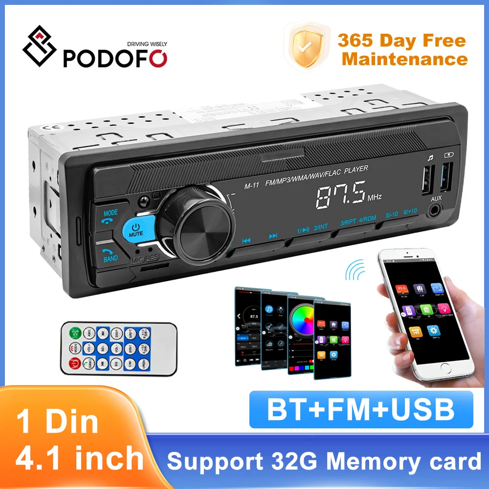 Podofo one din Car Radio Stereo FM Aux Input Receiver SD USB 1 din 12V Car MP3 USB Multimedia Autoradio Player