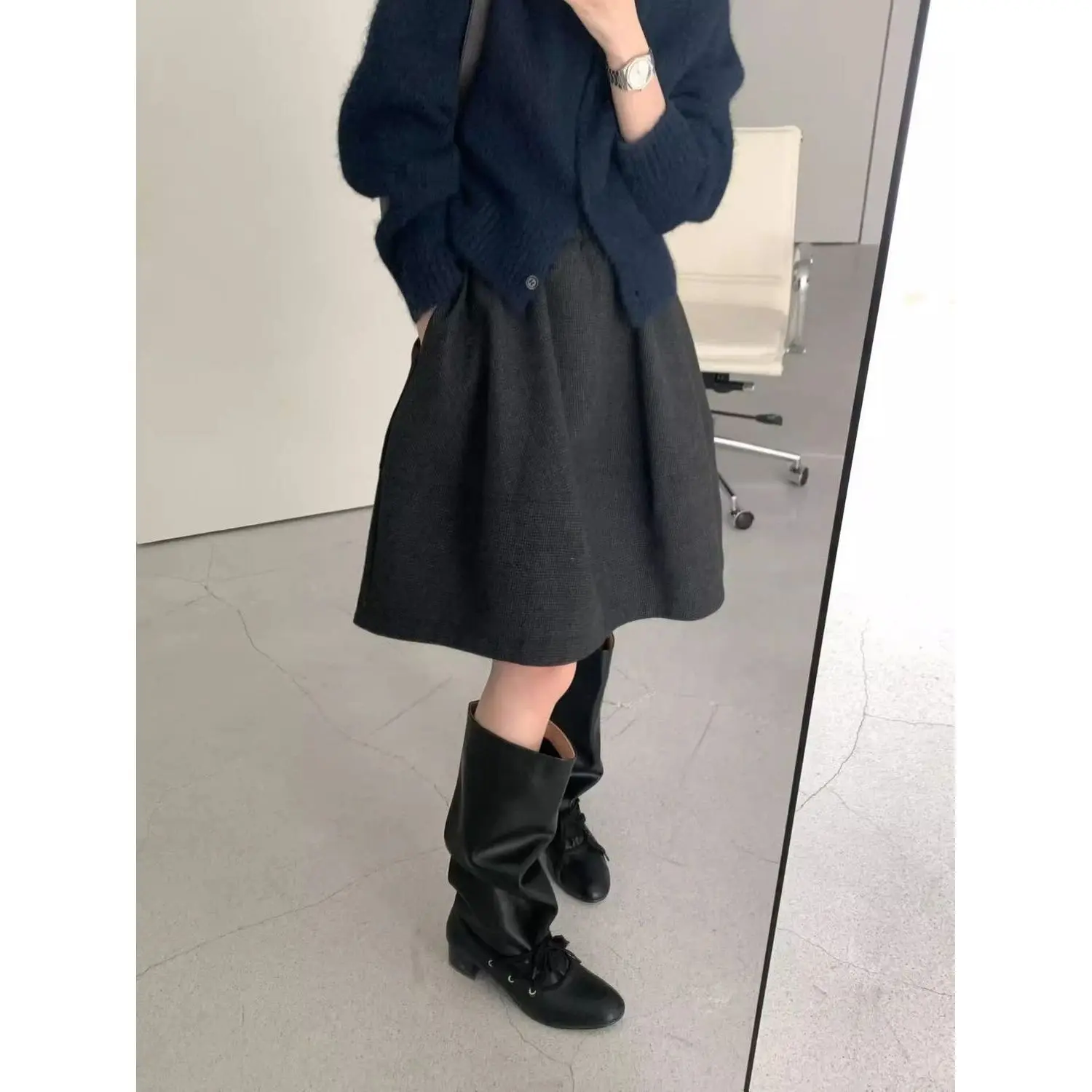 

Корейская юбка-трапеция с высокой талией из теплой полиэстеровой ткани, расклешенная, из смесового полиэстера, для повседневной носки