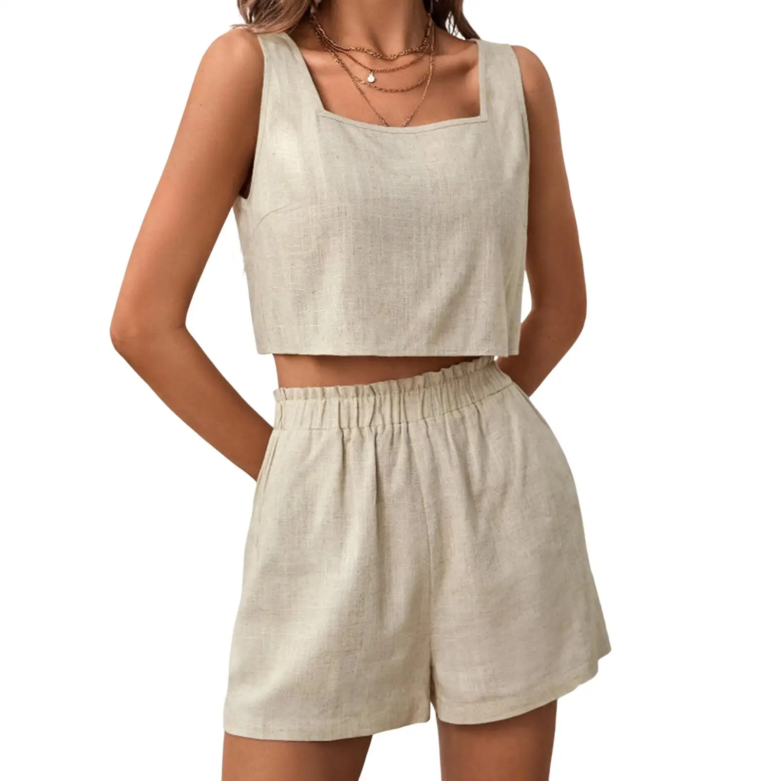 

2023 Summer Two Piece Sets Women Sleeveless O-Neck Tank Top Wide Leg Pants Suits Female Casual Cotton Linen Solid Color Outfits
