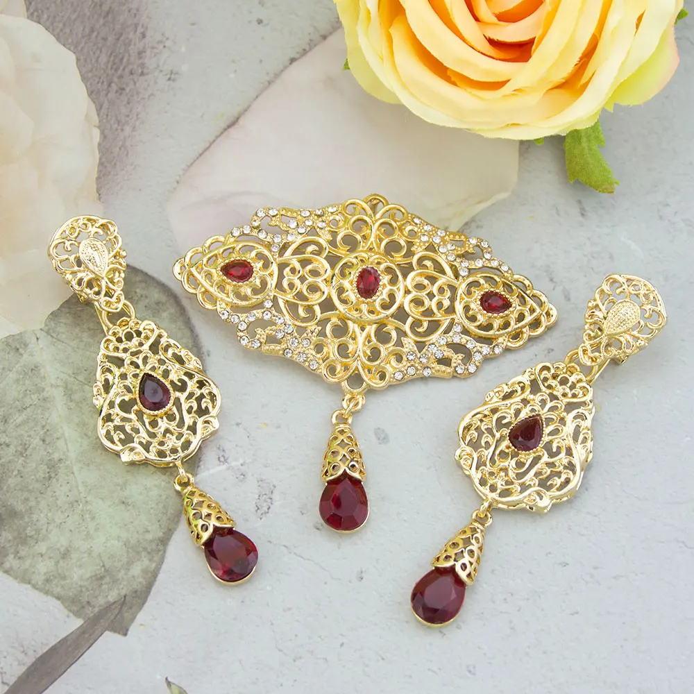 Sunspicems Gold Color Moroccan Jewelry Women Caftan Brooch Pins Drop Earring Crystal Arabian Bridal Bijoux Eardrop Broches Set