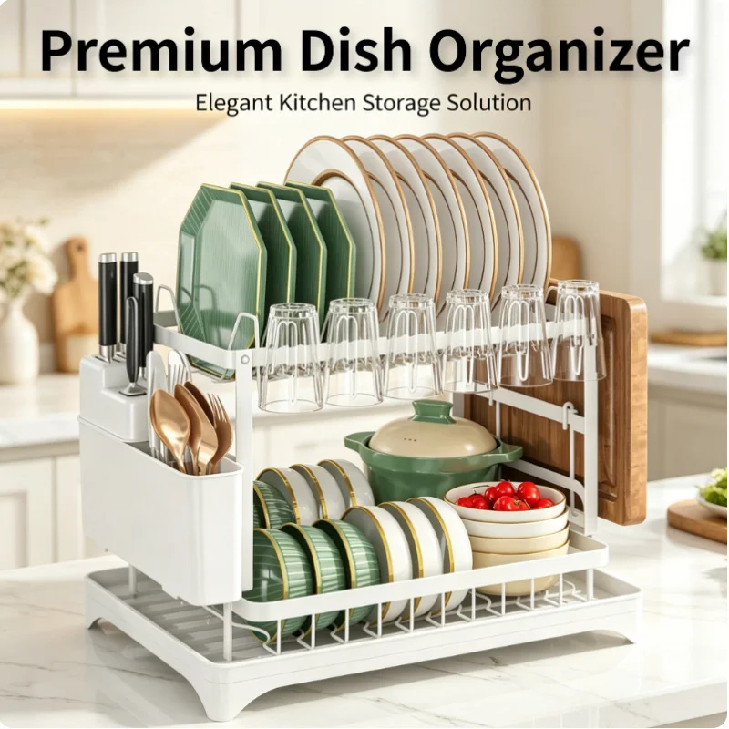 

Двухуровневая сушилка для посуды на столешницу с поддоном, отсеками для ножей, вилок, чашек и столовых приборов, белая