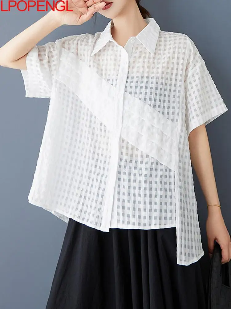 

New Summer Women's Solid Color Irregular Fashion Short Sleeved Single Breasted Shirt Loose Casual Versatile Vintage Top Blouses