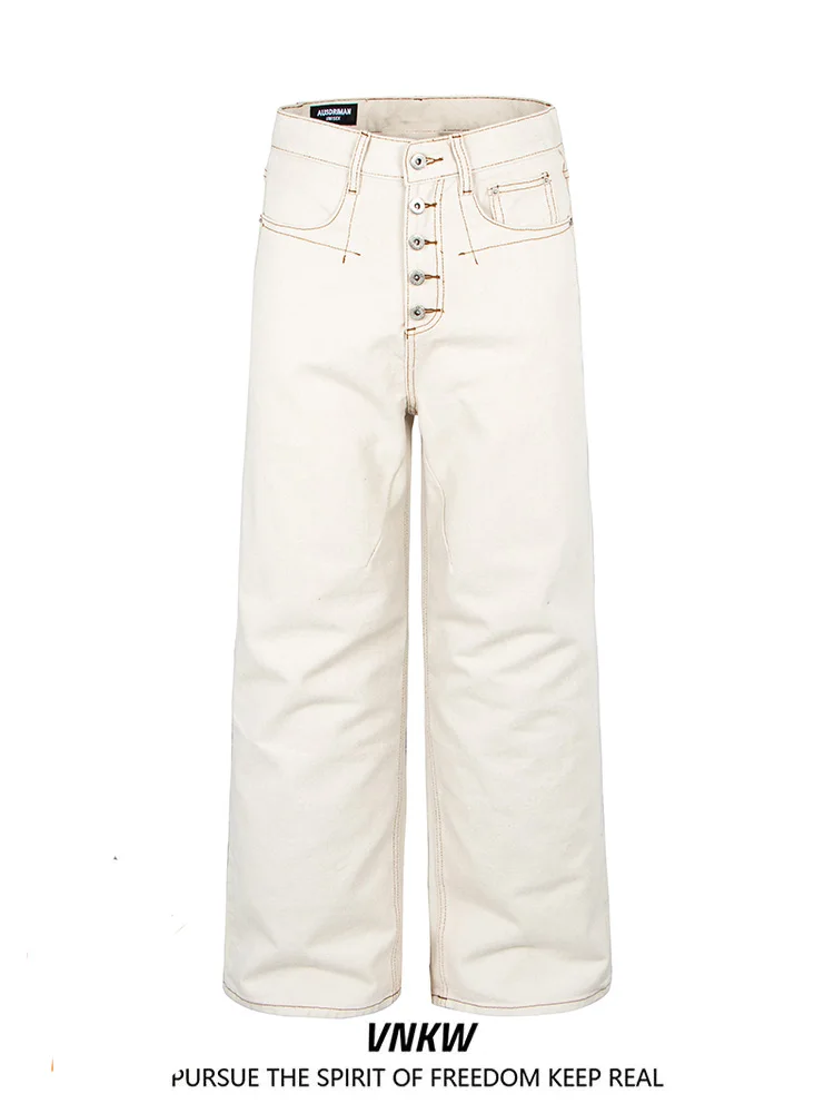 

Loose Straight Leg Jeans Button Design Personalized Stitching Wide Leg Casual Pants for Men And Women Spring Commute Trousers