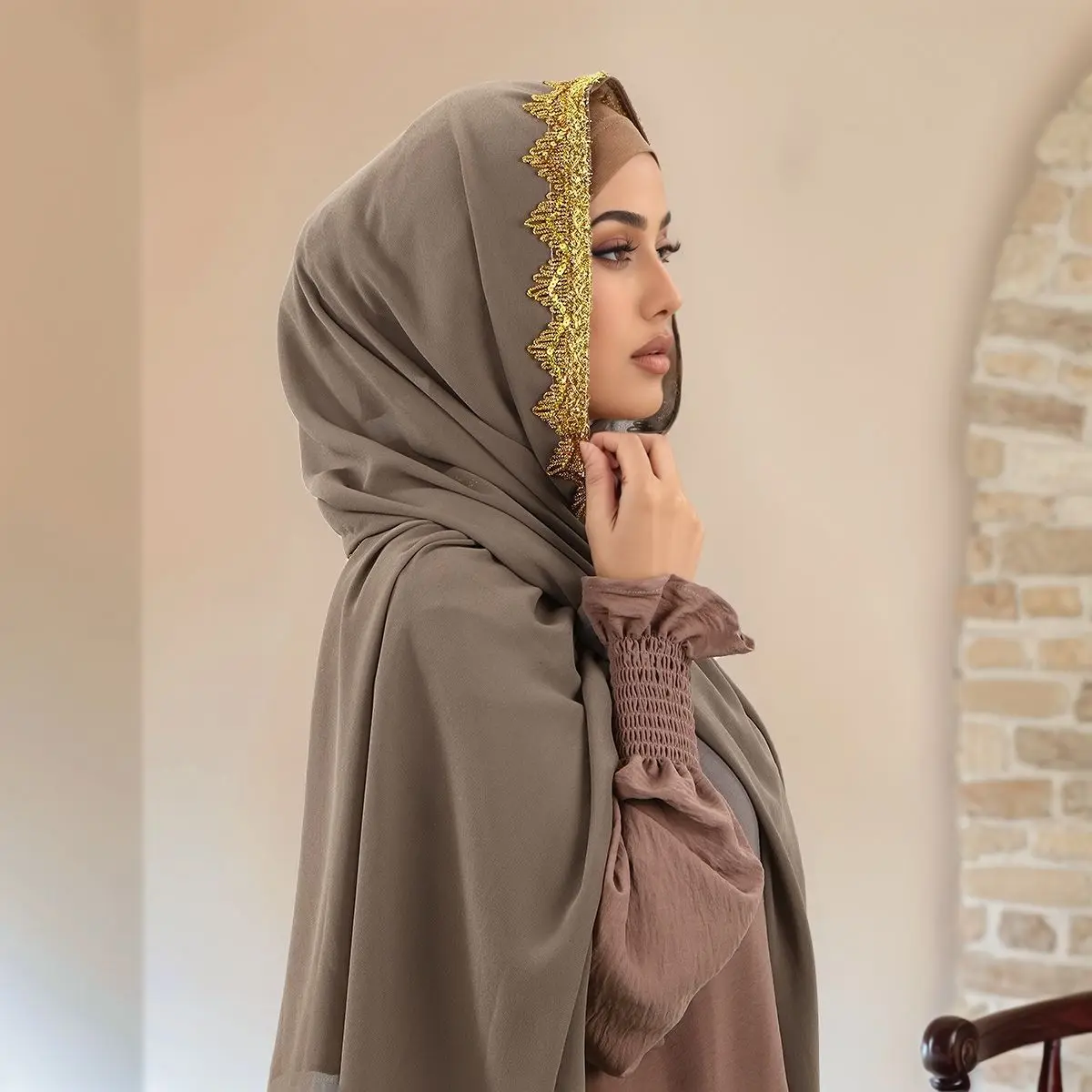 New Gold Crown Wavy Edge Solid Chiffon Long Scarf for Women, Versatile Fashion Ethnic Shawl Headwrap Cross Border Hot Sale