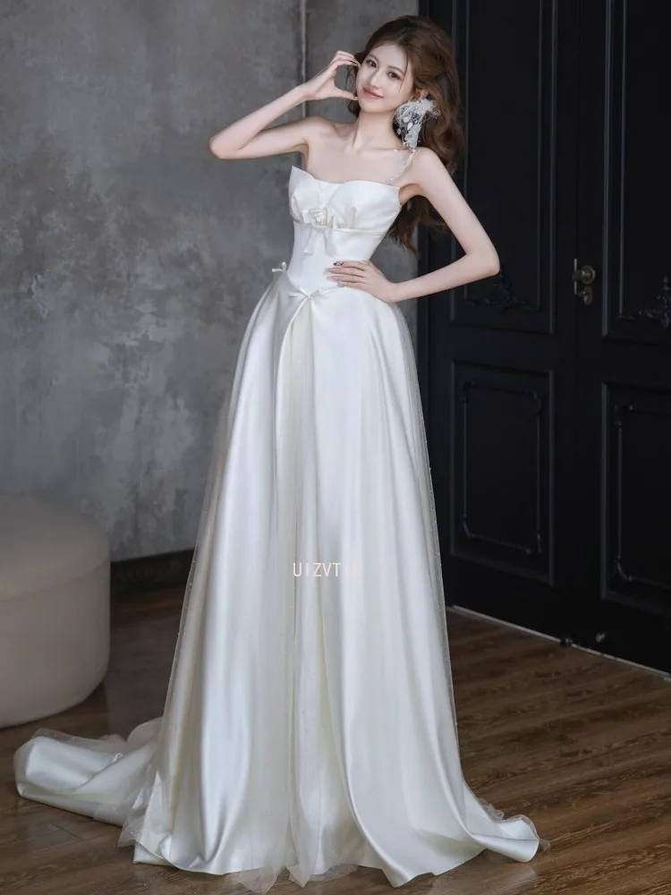 Simples coreia sem alças a linha vestidos de casamento longo cetim de seda vestido de noiva sessão de fotos elegante personalizado espartilhos volta vestido de baile