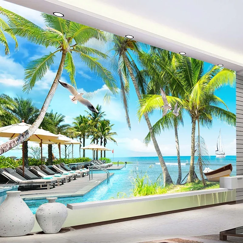 

Custom 3D Wallpaper Living Room Seascape Sea Island Sailboat Coconut Tree 3D Mural Papel De Parede Photo Wall Home Decoration