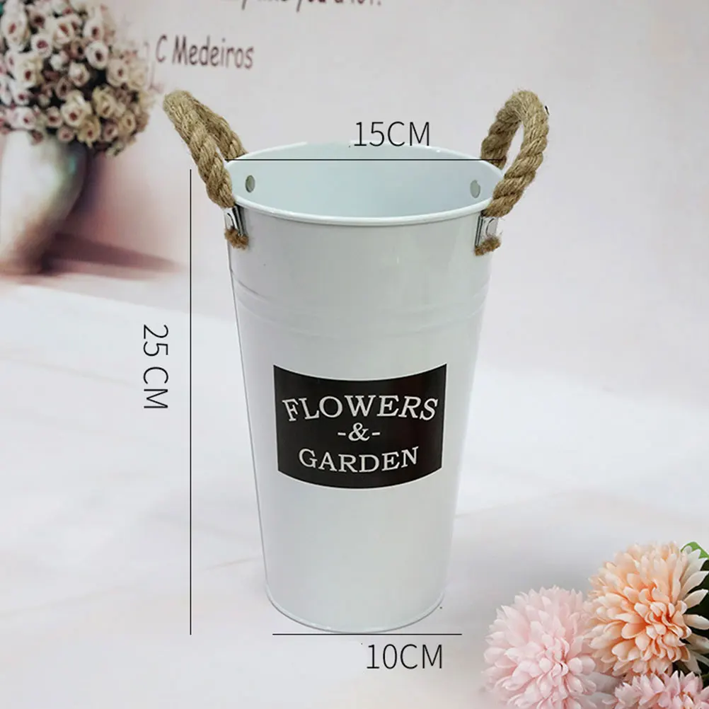 

2 pcs Hemp Rope Flower Vase Iron Metal Bucket Tin Container For Home Decor Desktop Artistic Flower Pot White Black