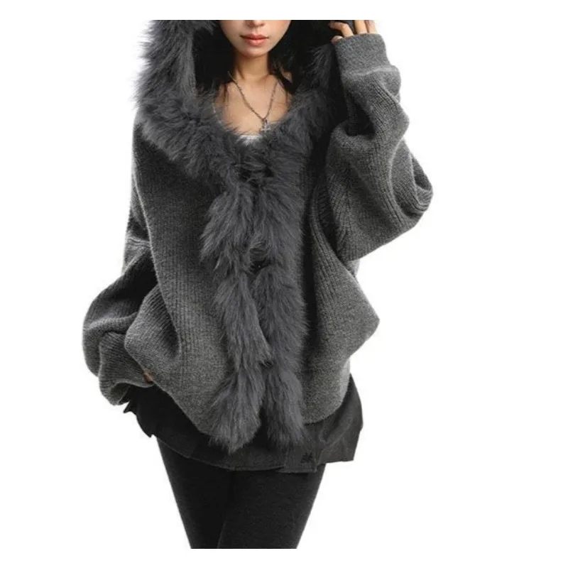Lazy Temperament Loose and Slim Knitted Jacket Large Fur Collar Patchwork Hooded Sweater Women's Autumn and Winter