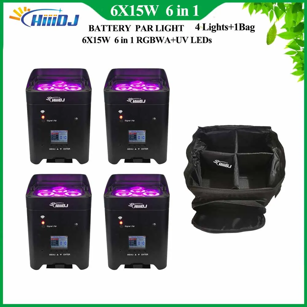 0 Tax 1Bag 4pcs 6x15W Wireless Battery Powered Par Light RGBWAUV 6IN1 Remote Wifi Portable Par LED Stage Effect  Flightcase Bag