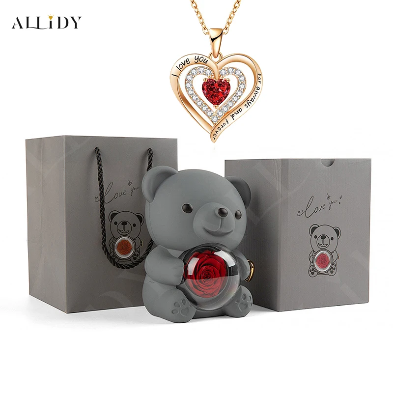Red Zircon Pendant Necklaces With Rose Bear Gift Box For Girlfriend Women I Love You Gifts Trendy Wedding Jewelry