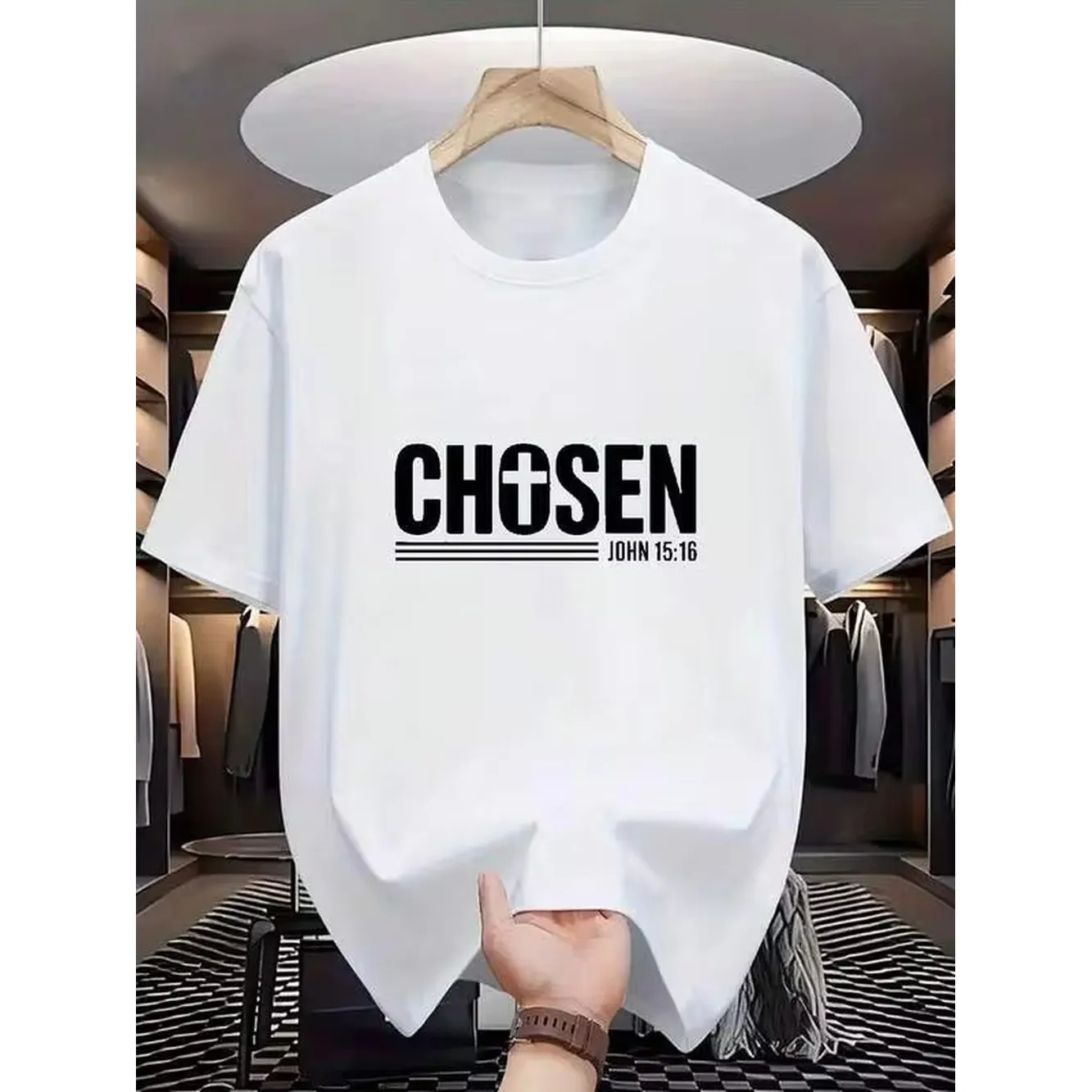 Minimalist Letter Print Crew Neck T-Shirt, Soft Breathable Cotton Blend, Limited Time Discount, Casual Top For Men & Women - CHOSEN John 1516