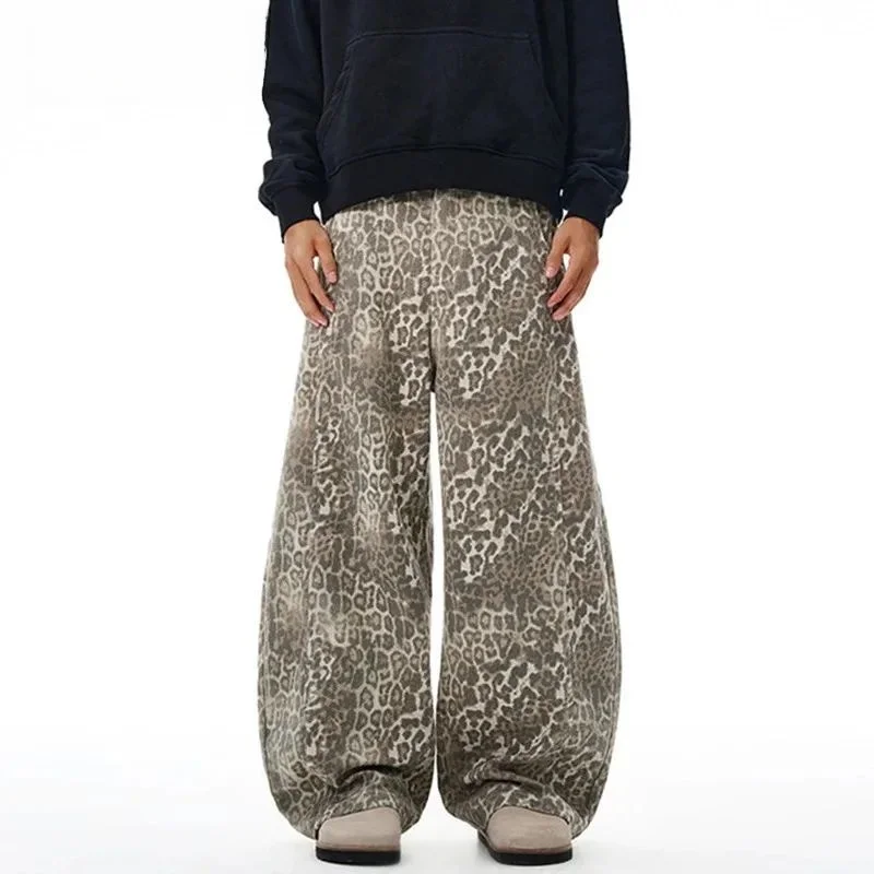 

IEFB Design Men's Denim Pants Leopard Print New Autumn Resistant to Deformation Neutral Drawstring Waist Nylon Fabric