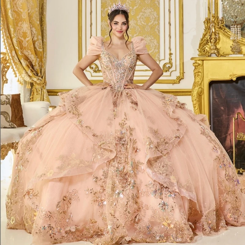 

Pink Shiny Ball Gown Quinceanera Dresses Applique Flower Beading Crystal Bow Tull Corset Off Shoulder Sweet 16 Dress Vestidos 15