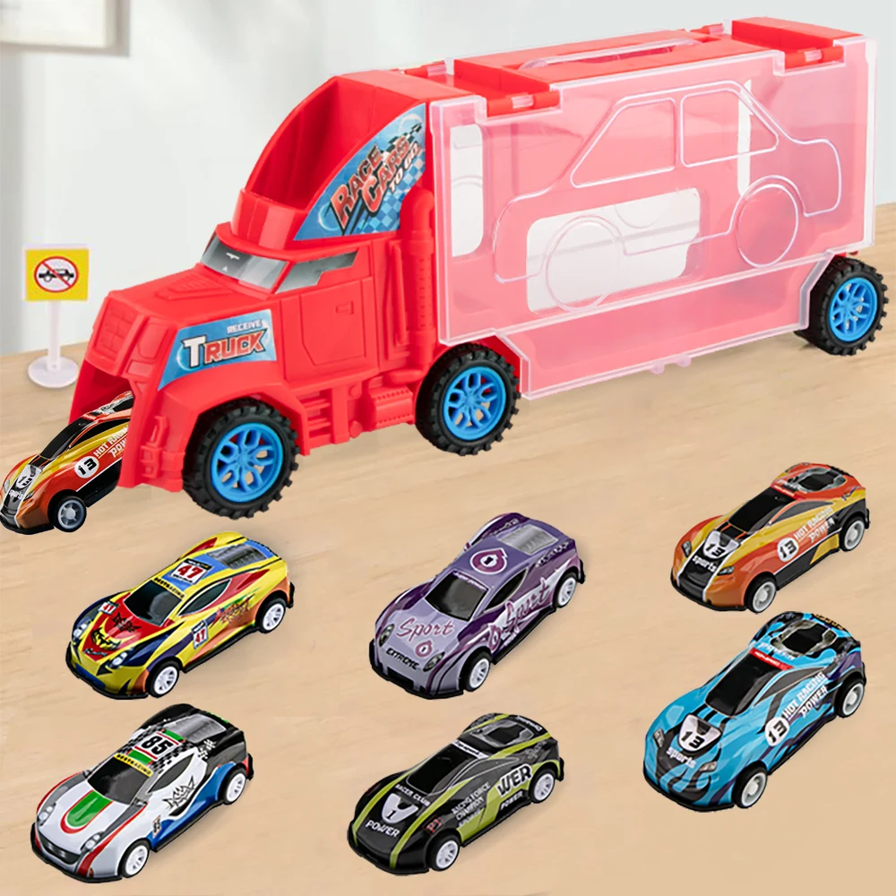 Children\'s inertial storage toy car send 6 alloy pull-back car portable container car 3 4 5 6 7 year old boy and girl set birthd