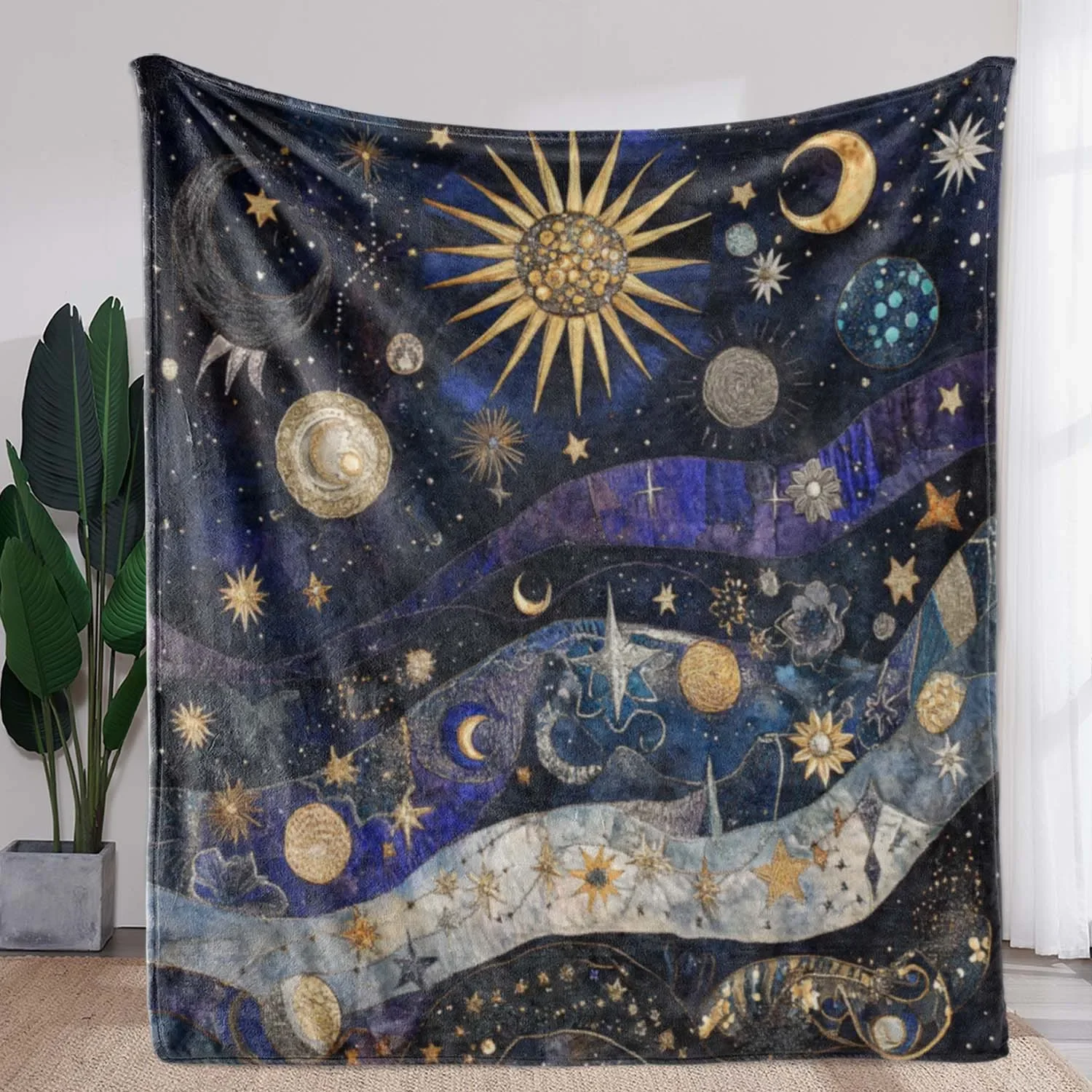 

Vintage Celestial Sun Moon Stars Print Flannel Blanket Soft Warm AllSeason Throw for Sofa Bed Car Camping Office Cozy Gift