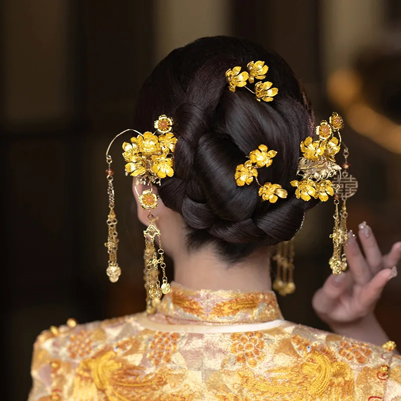 دبوس الشعر الذهبي مشبك الأذن غطاء الرأس الزفاف Xiuhe شيونغسام وثوب هان الملابس الصينية إكسسوارات الشعر مزاجه بسيط
