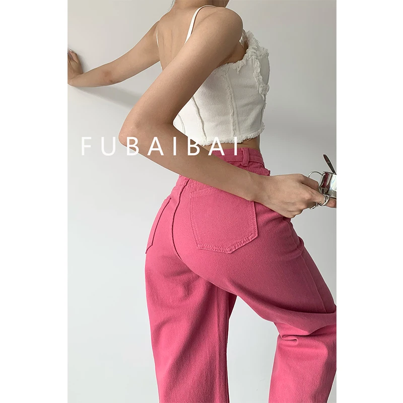 Women Bottoms Pink Jeans Vintage Straight High Waist Self Cultivation Casual Baggy Wide Leg Pants Denim Trouser Ladies Summer