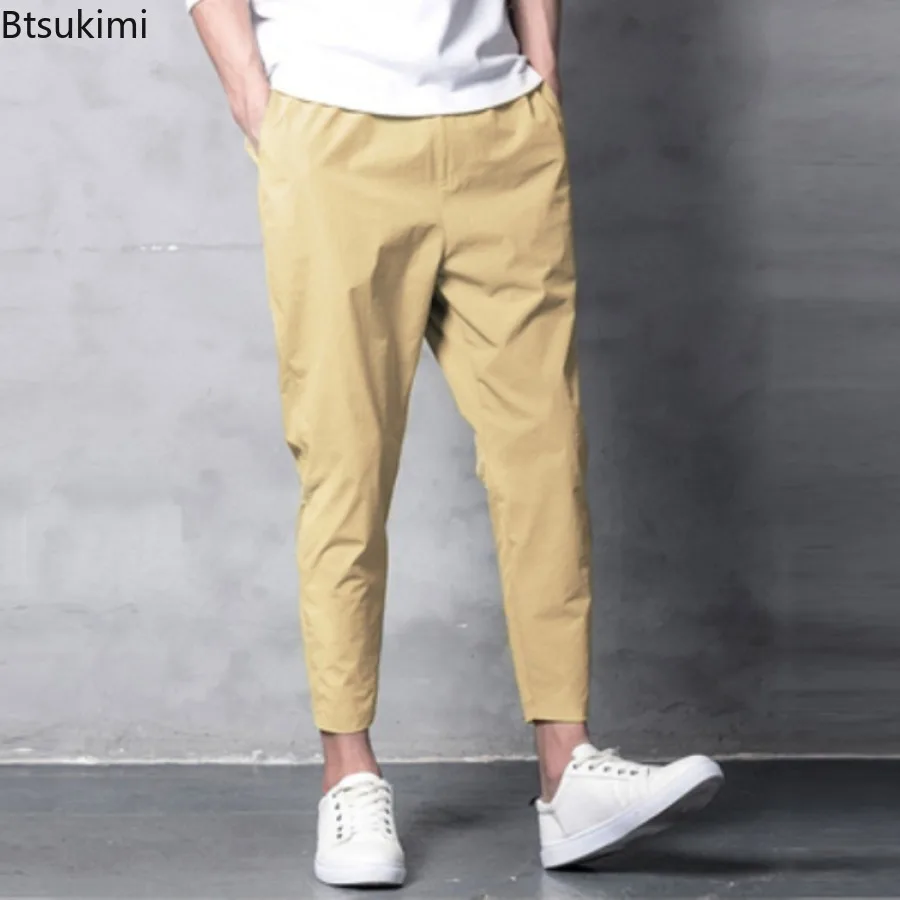Summer Casual Men's Straight Cropped Pants Breathable Ice Silk Elastic Small Foot Sports Trousers Korean Style Youth Pants Male