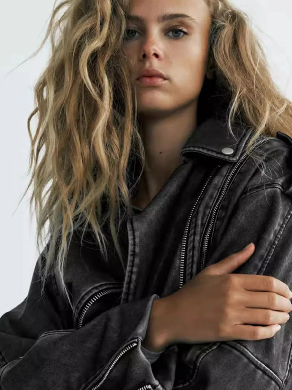 Sli usado em couro-look motociclista jaet feminino ort outerwear rua sle cor pura outono faion 2023 ajuste solto