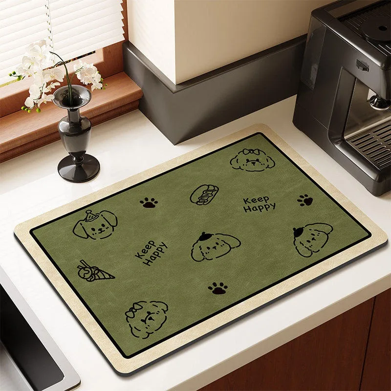 Cute Dog Pattern Diatomite Dish Drying Mat Ultra Absorbent Quick Dry Coffee Bar Mat for Kitchen Countertop Puppy Decor