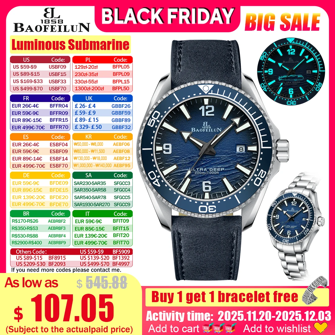 

BAOFEILUN Automatic Dive Watch for Men 300M Waterproof Ceramic Bezel Mineral Crystal Wave Dial Luminous Submarine Wristwatches