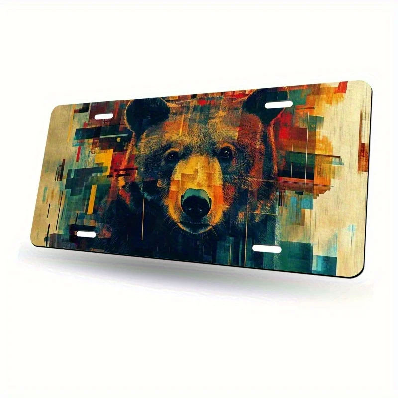 Vintage Bear Face License Plate with 4 Screws - Matte Aluminum Car Plate Suitable for Men & Women, 6x12 Fit Retro Vehicle Decora