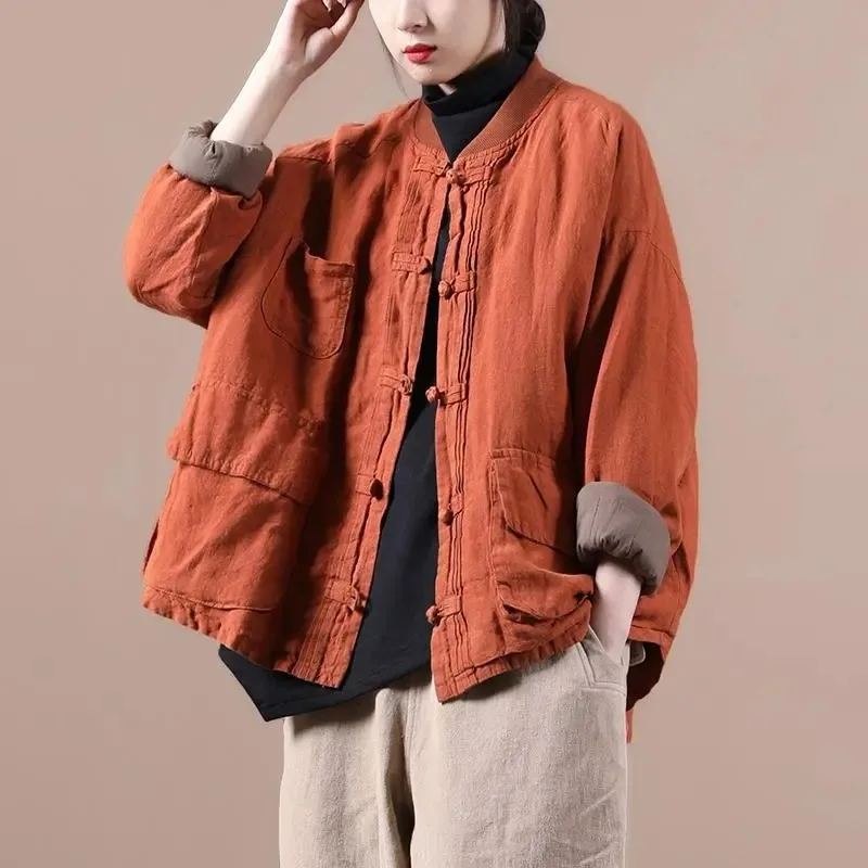 Women Vintage Jackets Solid Color Cotton Linen Coats Stand Button Patchwork Pockets 2023 Spring Loose Female Jackets