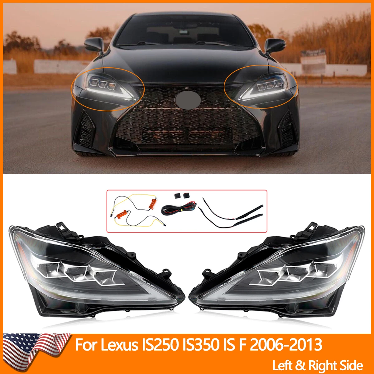 

1 Pair Headlight Assembly with LED Daytime Running Lights Signal Projector For 2006-2013 Lexus IS250 IS350