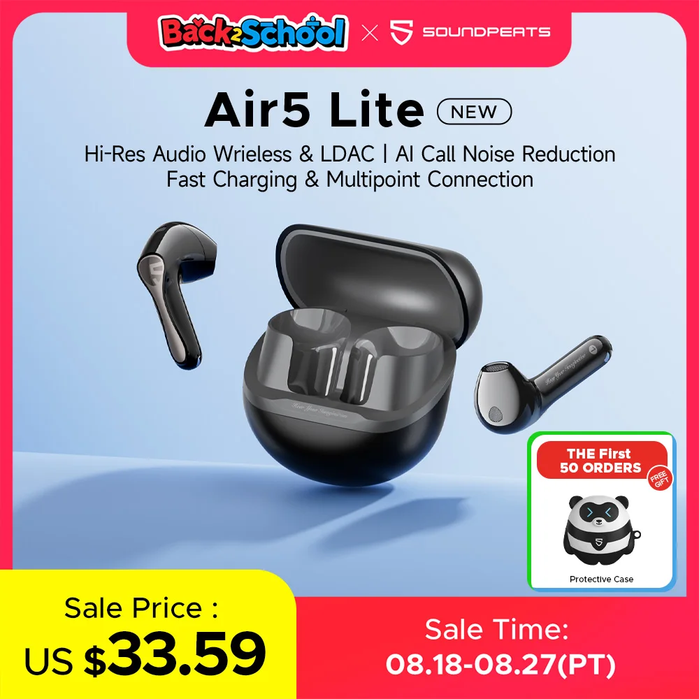 SoundPEATS Air5 Lite Auricolari Bluetooth V5.4 LDAC Auricolare wireless audio ad alta risoluzione, driver da 13 mm, impermeabile IPX5, abbinamento multipunto