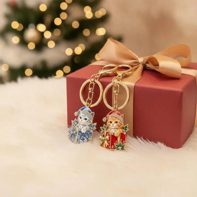 2-farbiger, modischer, süßer Weihnachtsgeschenkbox-Katzen-Schlüsselanhänger für Damen und Herren, Neujahrs-Schlüsselanhänger, Schmuckgeschenke – Detail 13