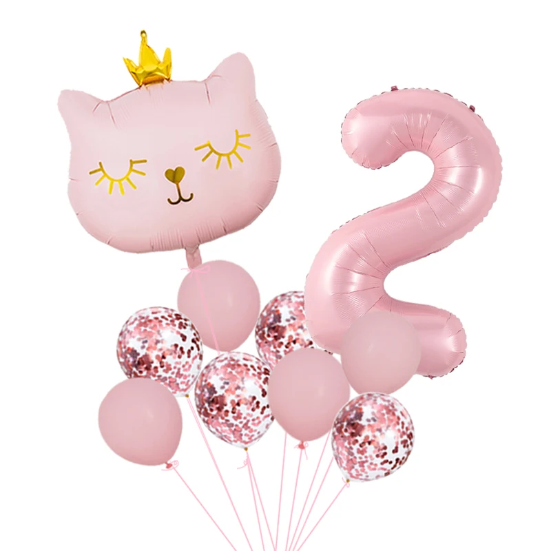 Rosa Krone Katze Folien-Zahlenballons Cartoon-Tier Wimpelkette Set Mädchen Happy Birthday Party Dekorationen Kinder Babyparty Geschenk – Detail 8