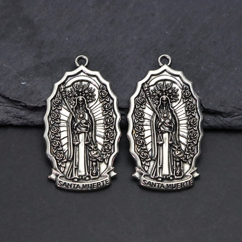 4pcs Santa Muerte Charm Pendant, Gothic Death Saint Medal with Rose Border, DIY Jewelry Making Charms for Necklace Bracelet