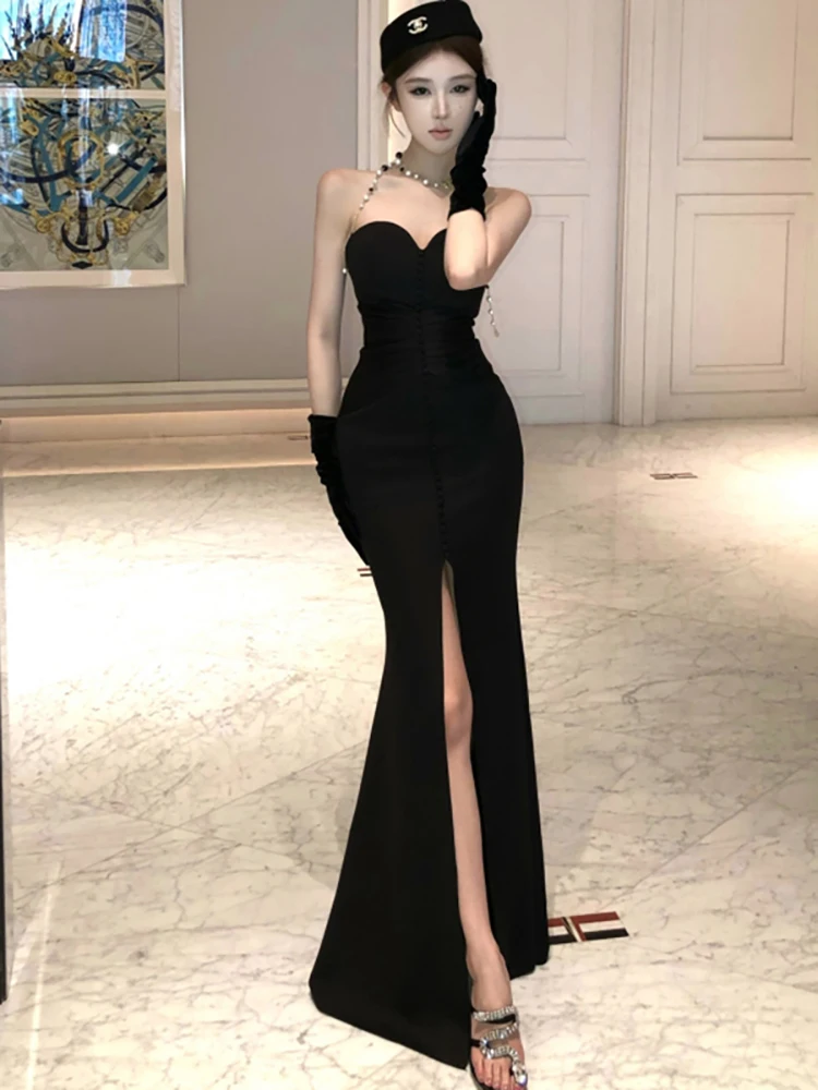 Frauen Koreanische Vintage Hepburn Prom Kleid Herbst Schwarz Brust Verpackung Sexy Backless Kleid 2025, Elegante Bodycon Luxus Party Kleid